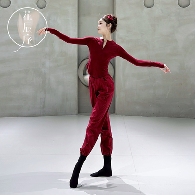 花辰序红色古典舞V领拉链上衣