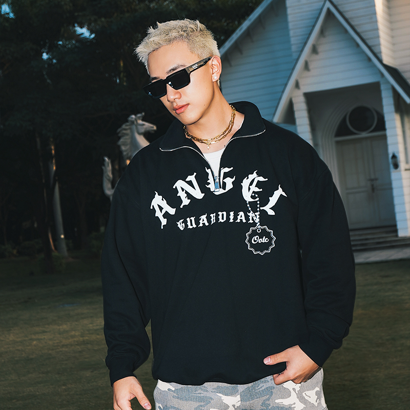 OOTC 美式复古印花运动翻领印花休闲拉链毛圈卫衣长袖上衣国潮男