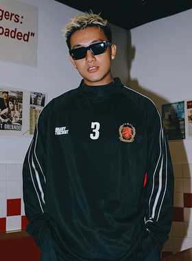 OOTC美式复古街头风拉链拼色速干足球服橄榄球训练服长袖T恤情侣