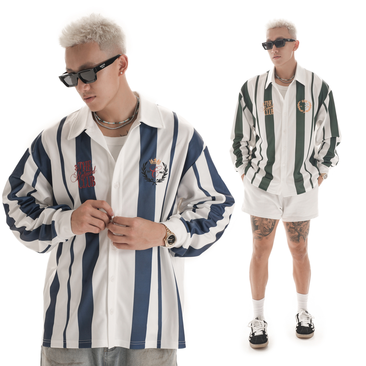 OOTC 美式休闲设计感刺绣竖条纹衬衫长袖衬衣秋冬新款打底上衣男