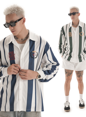 OOTC 美式休闲设计感刺绣竖条纹衬衫长袖衬衣秋冬新款打底上衣男