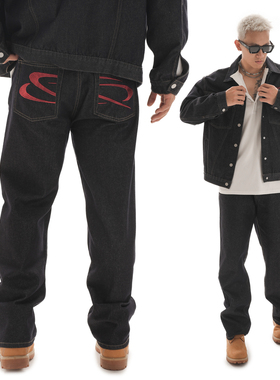 OOTC 原创气质直筒牛仔裤黑色裤子美式复古街头直筒裤男秋冬新款