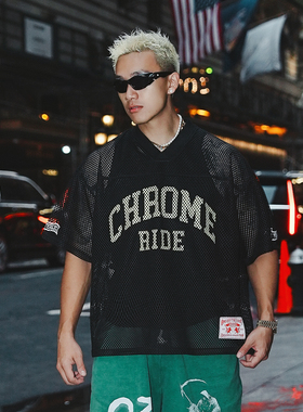 OOTC 美式街头复古印花网眼罩衫气质微透设计镂空上衣男夏季新款