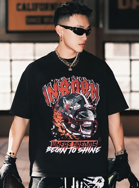 OOTC「重燃」美式复古T恤男骷髅头盔短袖印花街头潮流橄榄球运动