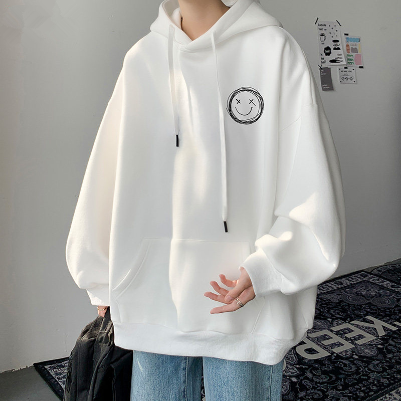 白色卫衣男春秋潮ins情侣宽松oversize上衣笑脸质感韩版潮流外套