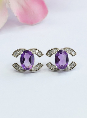 天然紫水晶双C款S925银针耳钉紫色彩宝耳坠女神款气质时尚小众