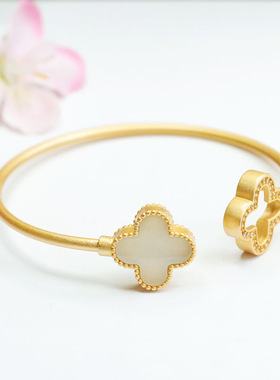 和田玉手环白玉四叶草14k包金手链手镯玉器珠宝女士时尚饰品礼物