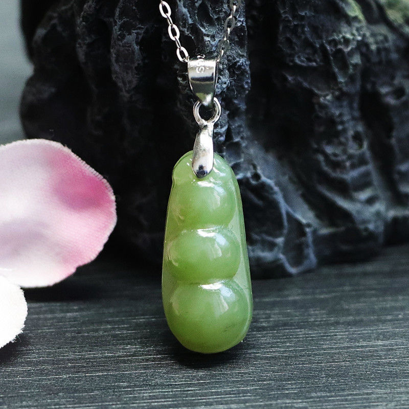 S925银镶天然和田玉福豆吊坠连中三元玉坠男女士项链玉石玉器珠宝
