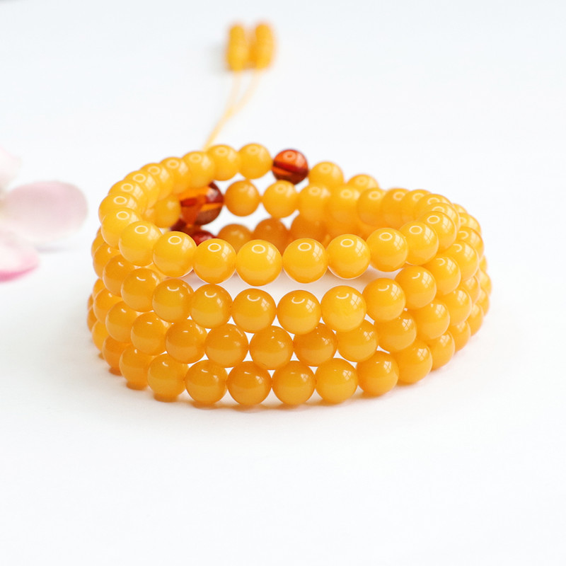 天然鸡油黄蜜蜡108颗圆珠项链琥珀毛衣链多圈手链新中式民族风