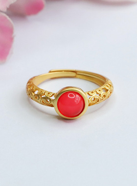 天然红玛瑙戒指帝王绿玉髓指环民族风戒圈女士款时尚百搭首饰礼物