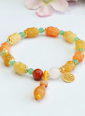 金丝玉手串多彩玉石玉兰花手链新中式民族风手饰品女士款时尚礼物