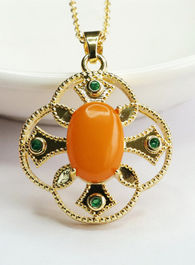 天然琥珀吊坠老蜜蜡花瓣项链珠宝花朵首饰女士复古民族风饰品礼物