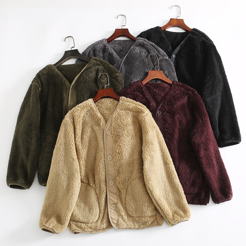 日单经典男女情侣款软糯舒适保暖双面珊瑚绒纽扣开衫休闲夹克外套