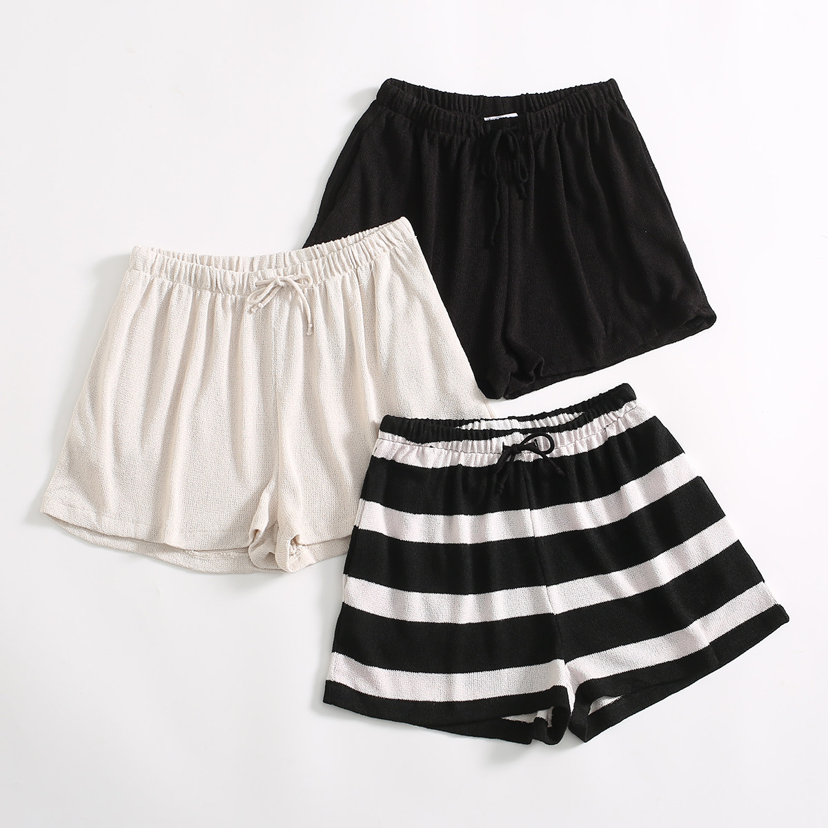 西班牙单~舒适松弛透气抽绳松紧高腰宽松垂感休闲裤针织短裤女