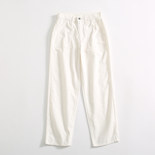 百搭宽松显瘦长裤 缘货 98棉混纺高腰直筒口袋白牛仔裤 女装 日单U