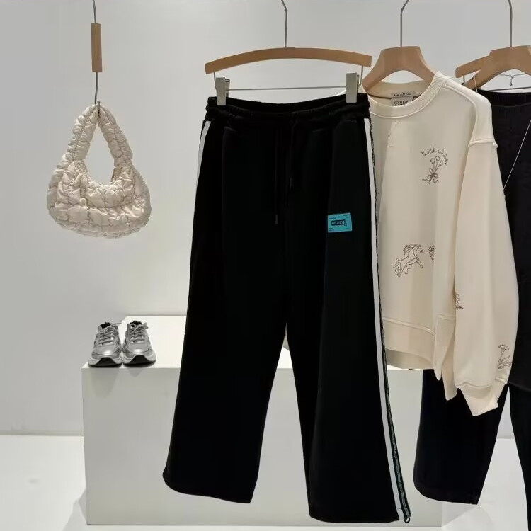 国内单！秋冬运动休闲风加绒加厚侧条一裤两穿阔腿卫裤女裤