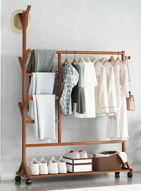 简易衣帽架落地卧室置物架多功能鞋架衣架一体实木挂衣服收纳架子