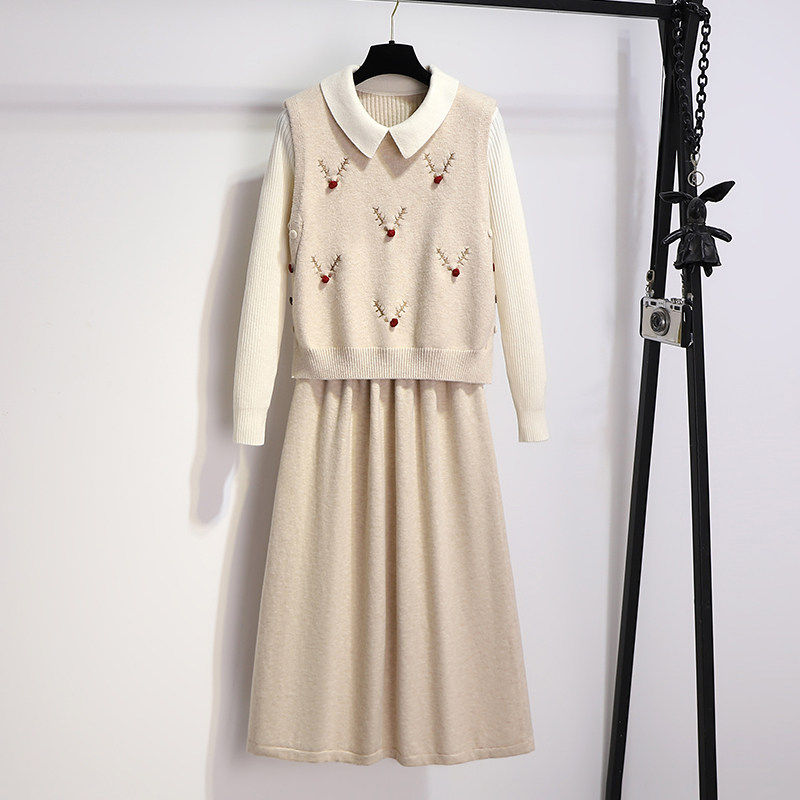 娃娃领针织洋装女冬季2025新款巨好看大衣内搭裙子马甲两件式套装