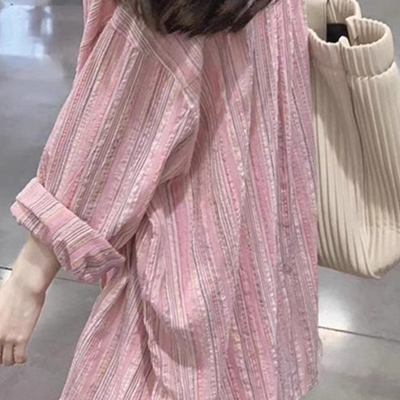 粉色条纹防晒衬衫外套女春夏