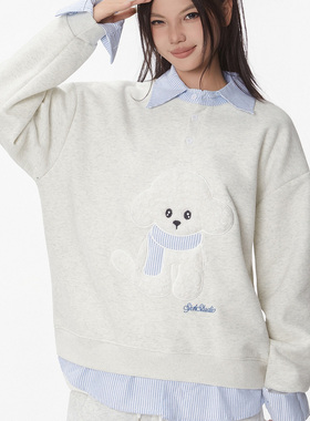 大码卫衣女秋冬季2026新款卡通刺绣宽松百搭时尚假两件polo领上衣