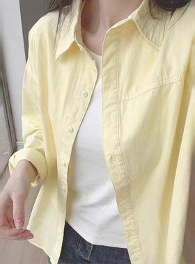 奶黄色长袖衬衫外套女春秋季2025新款POLO领宽松多巴胺衬衣上衣