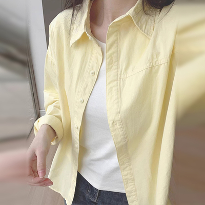 奶黄色长袖衬衫外套女春秋季2025新款POLO领宽松多巴胺衬衣上衣
