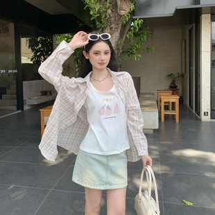 黄色格子衬衫女春季2026新款吊带背心防晒外套薄款宽松百搭两件套