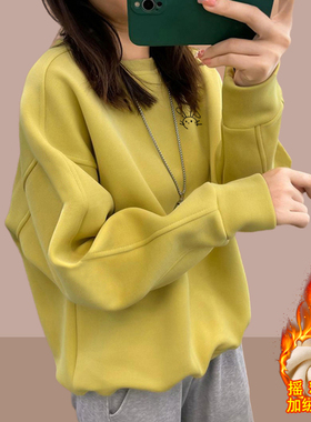 摇粒绒纯棉圆领卫衣女秋冬季2026新款宽松加绒加厚懒惰风美式打底