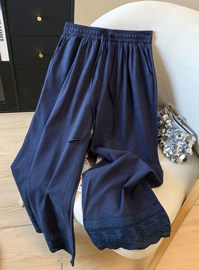 蕾丝花边拼接棉麻阔腿裤女夏季2026新款复古时尚高腰宽松休闲裤