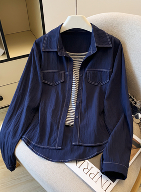 衬衫女秋冬季2025新款蓝色牛仔宽松休闲条纹针织背心两件套上衣潮