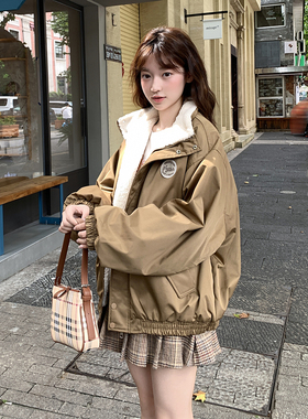 棉服女秋冬季2026新款纯色羊羔毛加绒美式复古宽松慵懒风保暖棉袄