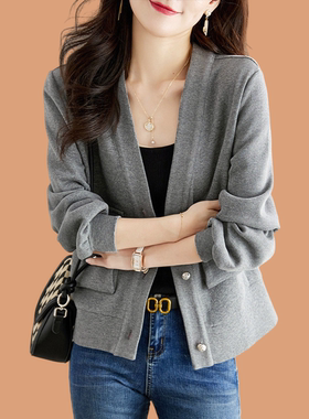 空气层灰色外套女秋季2025新款V领宽松简约通勤休闲长袖开衫上衣