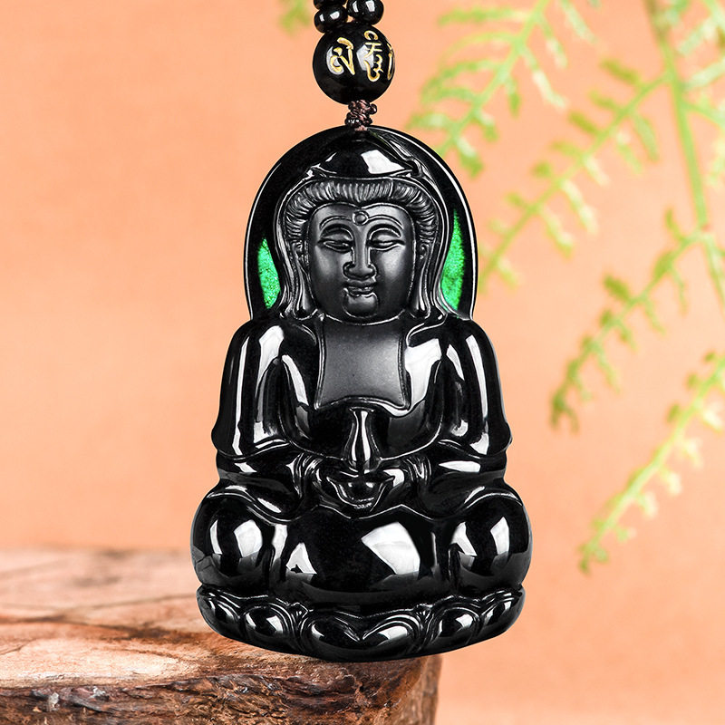 天然a货翡翠墨翠净瓶观音菩萨佛像玉石吊坠冰种挂件男士时尚项链