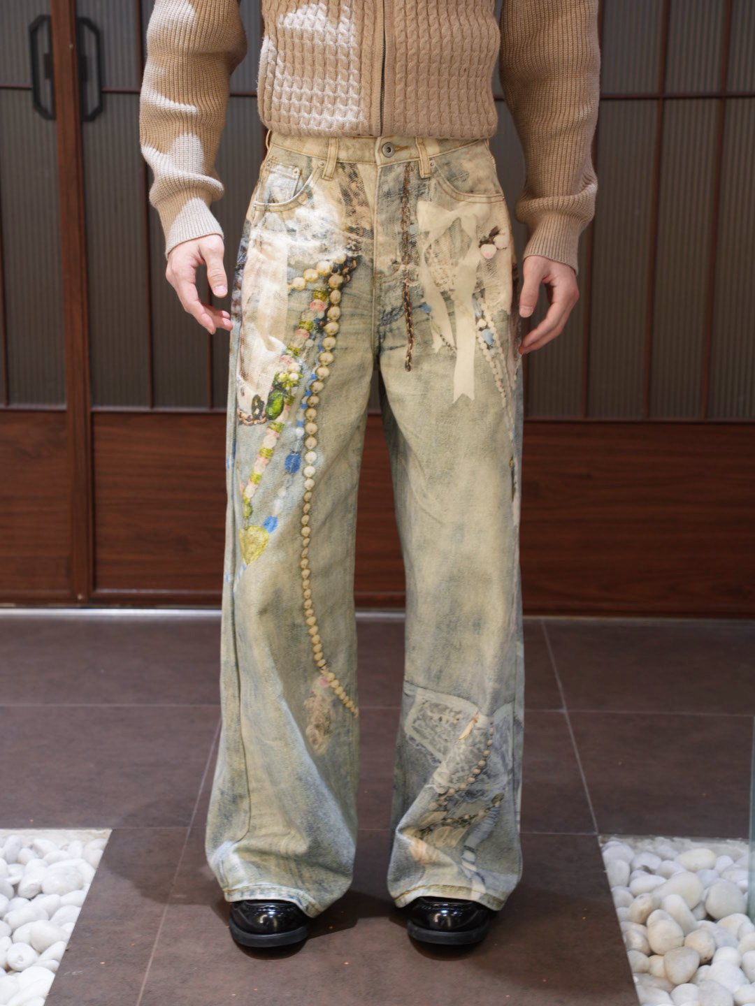 SaiTuiCL美式黄泥染印花牛仔裤宽松休闲阔脚百搭显瘦秋季长裤情侣