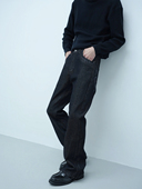 BEILAYA老钱风纹理刺绣黑色原牛牛仔裤 男女微喇直筒claenfit裤 子