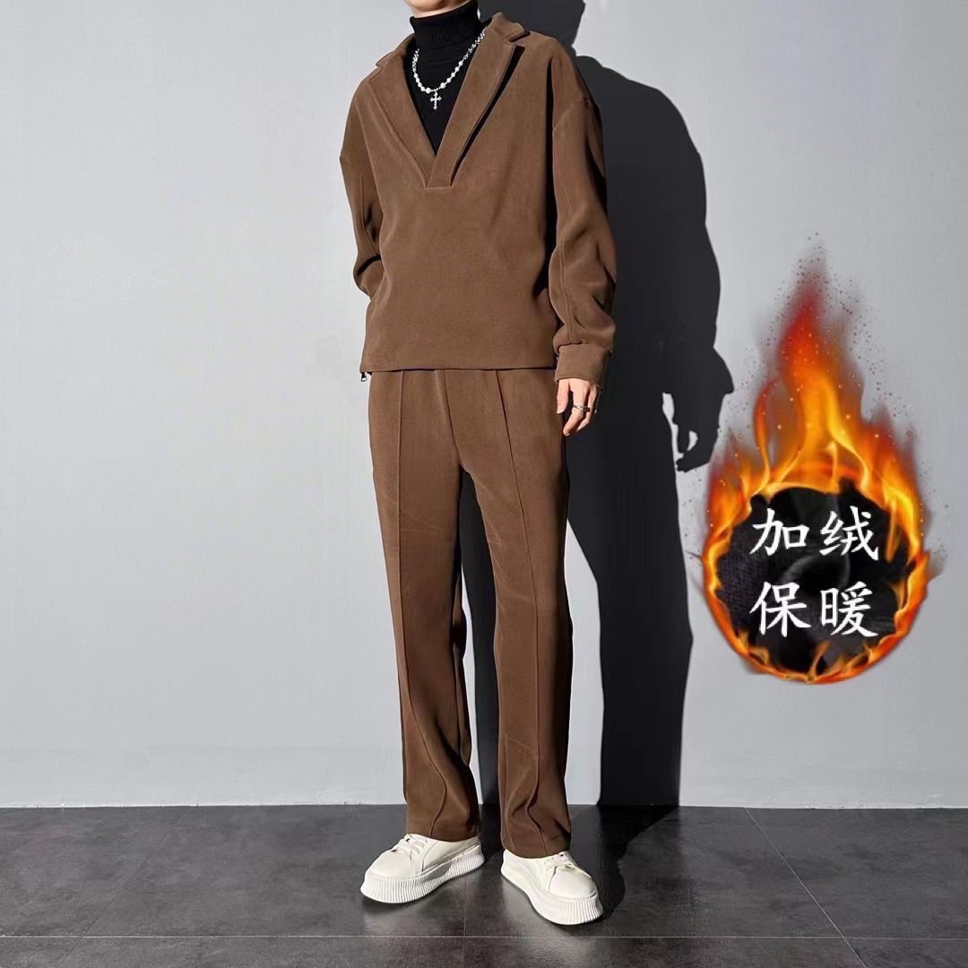 가을 겨울 V 넥 풀오버 플러스 벨벳 두꺼운 캐주얼 정장 남성 정장 칼라 패션 느슨한 솔리드 컬러 스포츠 투피스 슈트