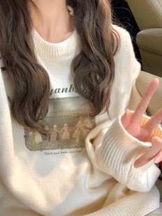 奶油色古着vintage秋冬慵懒宽松软糯毛衣女森系百搭套头针织上衣