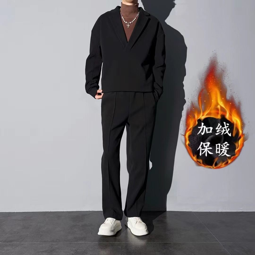 가을 겨울 V 넥 풀오버 플러스 벨벳 두꺼운 캐주얼 정장 남성 정장 칼라 패션 느슨한 솔리드 컬러 스포츠 투피스 슈트
