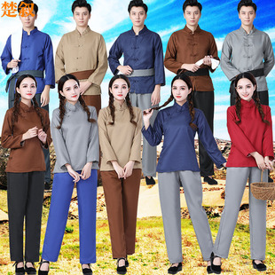 粗布棉麻古装丫鬟上衣灯笼裤套装男民国清朝农民演出服装店小二服