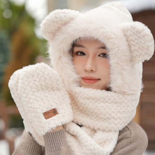 SJK小熊帽子女秋冬季可爱百搭保暖毛绒围巾一体连帽围脖加绒加厚