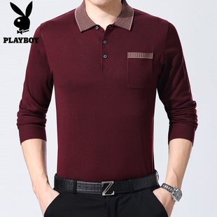 花花公子薄款中年男款长袖t恤宽松真口袋爸爸本命年红色婚宴衣服