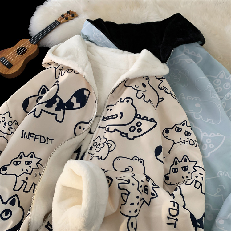 1005-2-LMF102-P135冬季港风男士两面穿连帽棉服情侣毛绒绒外套,男装棉衣,星座1005-2