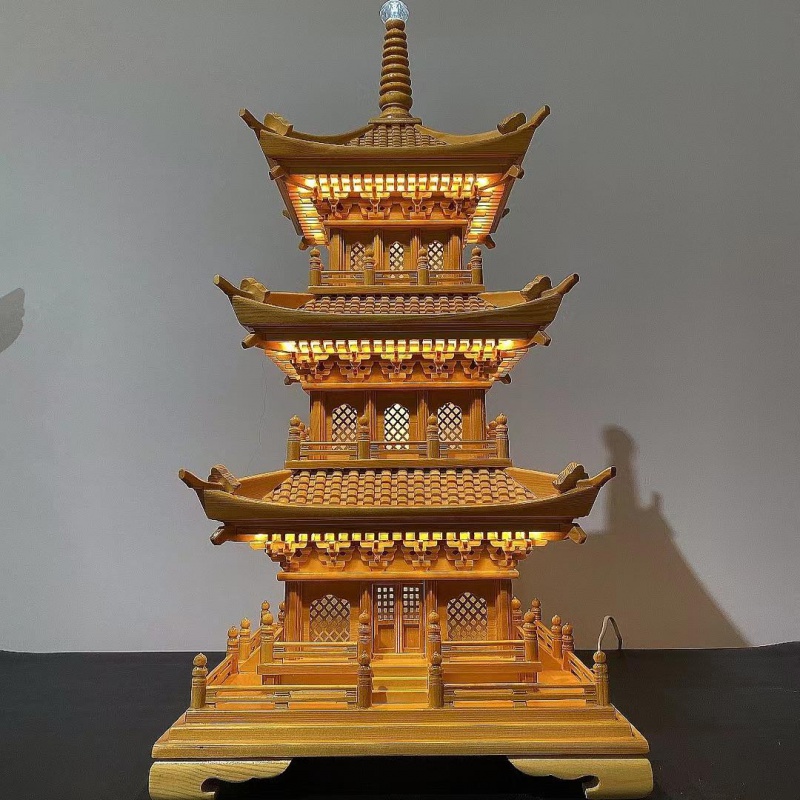中式木雕古建筑模型家居礼品八角