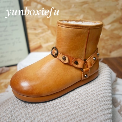 水洗马皮铆钉皮带扣雪地靴女冬季加厚保暖短靴平底棉靴M660
