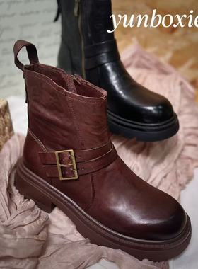 经典侧拉链冬季短靴百搭纯手工圆头英伦时尚女32166