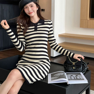 小个子减龄POLO领长袖针织裙女装2026年春季设计感条纹连衣裙裙子