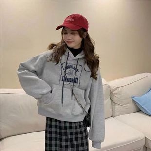 连帽学生宽松显瘦加绒加厚外套潮短款 美式 复古小个子卫衣秋冬新款