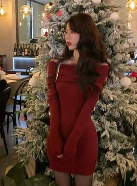 红色连衣裙秋冬一字肩法式浪漫少女风修身遮肚韩风毛衣针织裙子