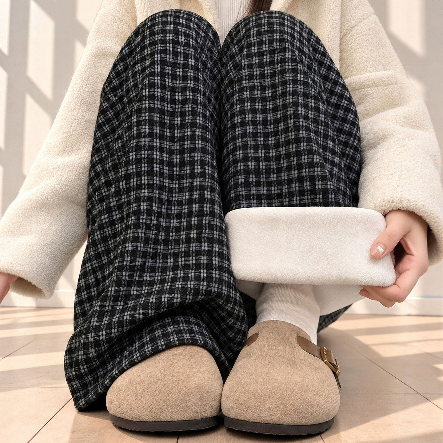 黑灰色格子裤子女2026新款秋季高腰垂感宽松休闲小个子毛呢阔腿裤