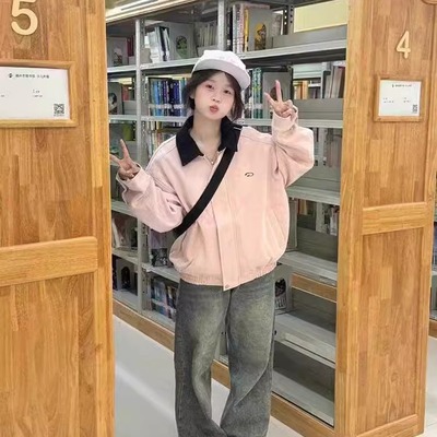粉色棒球服外套女春秋2024新款美式街头宽松短款麂皮翻领飞行夹克